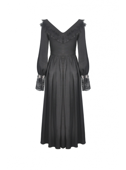 Black Lace Frilly Collar Button High Waisted Rose Embroidery Cuff Maxi Vintage Gothic Dress