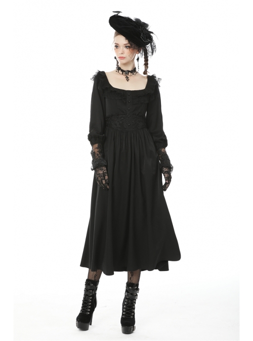 Black Lace Frilly Collar Button High Waisted Rose Embroidery Cuff Maxi Vintage Gothic Dress