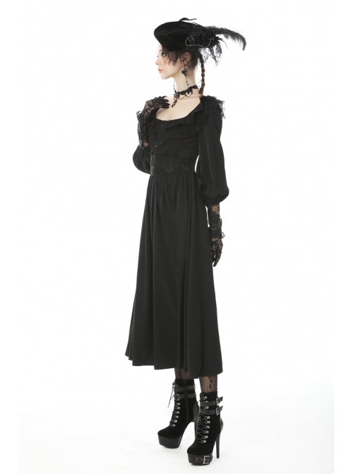 Black Lace Frilly Collar Button High Waisted Rose Embroidery Cuff Maxi Vintage Gothic Dress