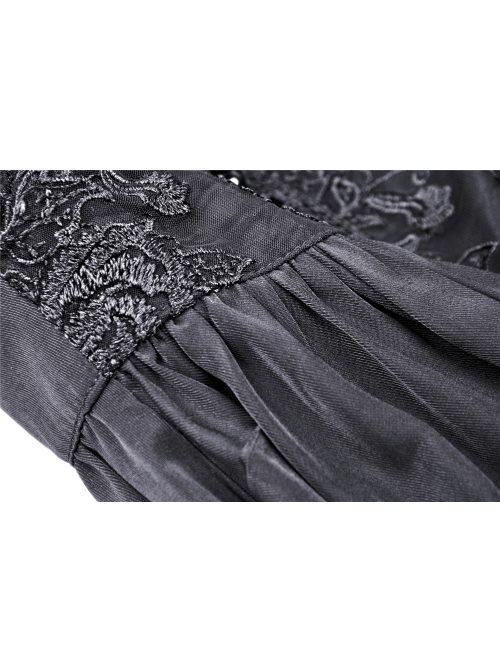 Black Lace Frilly Collar Button High Waisted Rose Embroidery Cuff Maxi Vintage Gothic Dress