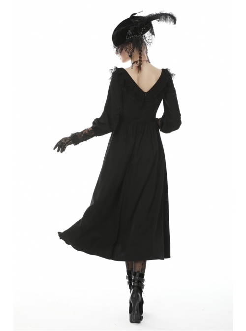 Black Lace Frilly Collar Button High Waisted Rose Embroidery Cuff Maxi Vintage Gothic Dress