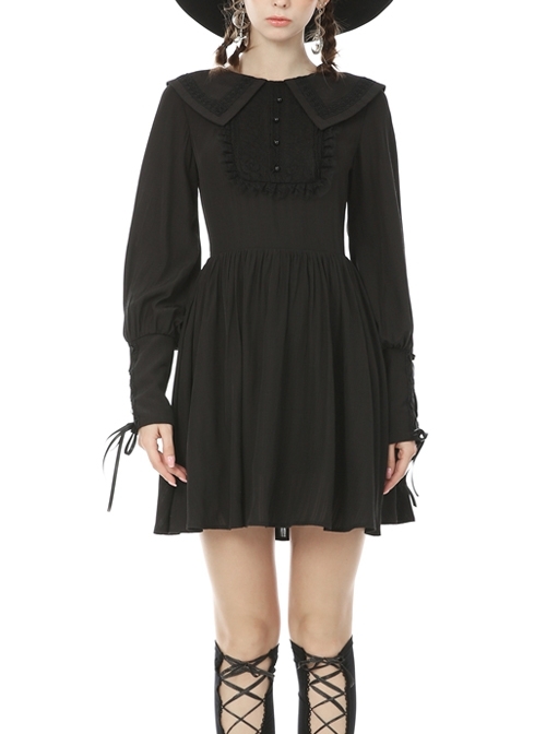 Doll Collar Button Chest Frilly Long Lantern Sleeves Lace-Up Cuff Black Gothic Dress