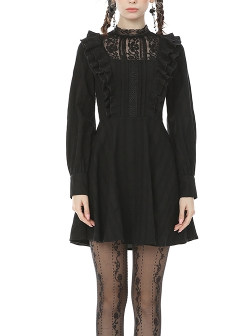 Lace Frilly Chest Flower Embroidery Long Sleeves Black Gothic Dress