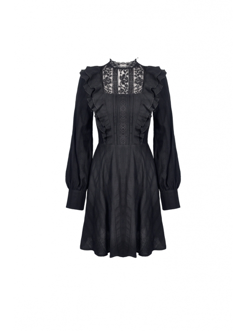 Lace Frilly Chest Flower Embroidery Long Sleeves Black Gothic Dress