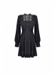 Lace Frilly Chest Flower Embroidery Long Sleeves Black Gothic Dress