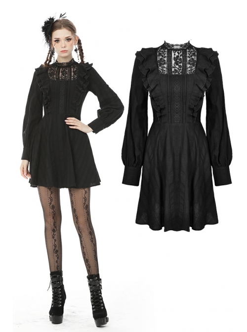 Lace Frilly Chest Flower Embroidery Long Sleeves Black Gothic Dress