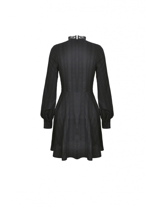 Lace Frilly Chest Flower Embroidery Long Sleeves Black Gothic Dress