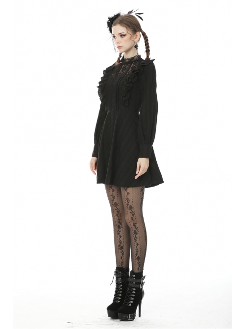 Lace Frilly Chest Flower Embroidery Long Sleeves Black Gothic Dress