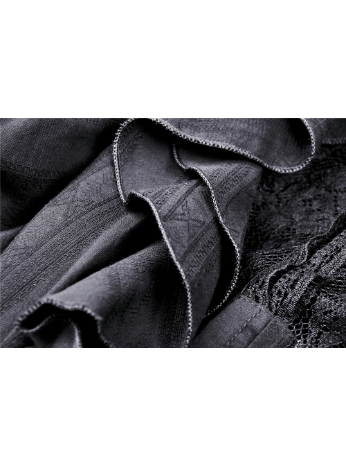 Lace Frilly Chest Flower Embroidery Long Sleeves Black Gothic Dress