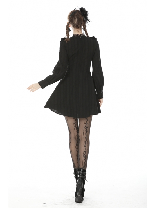 Lace Frilly Chest Flower Embroidery Long Sleeves Black Gothic Dress