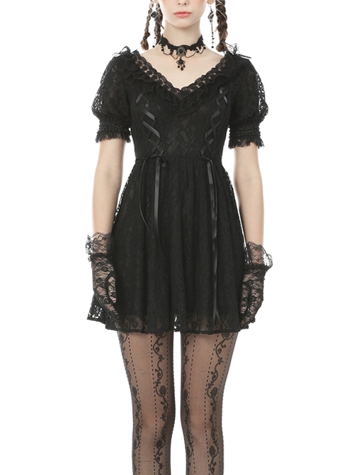 Lace V-Neck Chest Lace-Up Short Sleeves Black Gothic Dress