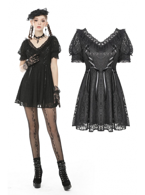 knee length dresses for ladies Black Gothic Dress Plus Size with Corset- WonderlandByLilian Size 6 / Black