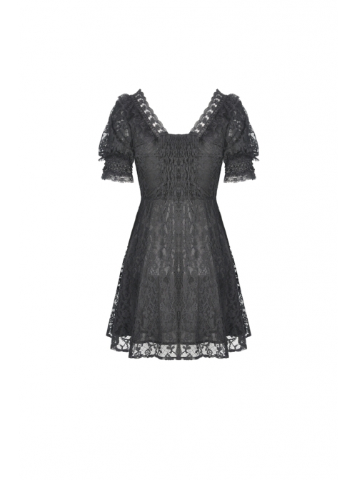 Lace V-Neck Chest Lace-Up Short Sleeves Black Gothic Dress