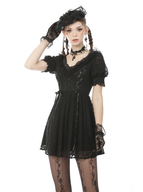 Lace V-Neck Chest Lace-Up Short Sleeves Black Gothic Dress