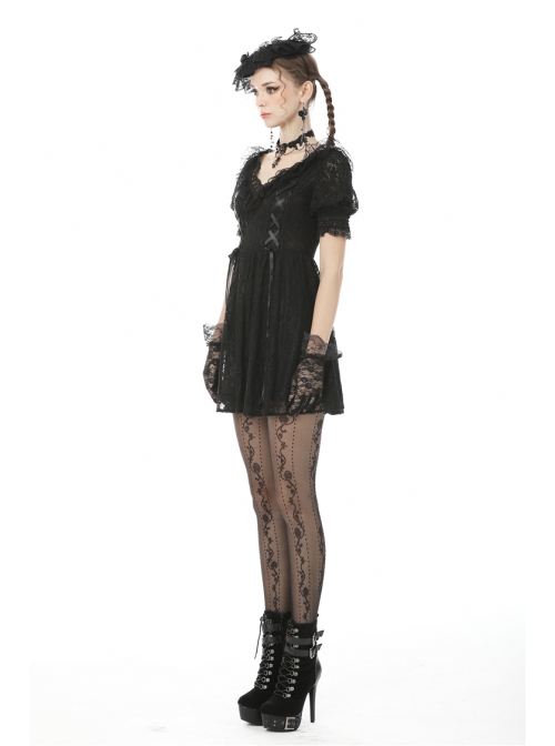 Lace V-Neck Chest Lace-Up Short Sleeves Black Gothic Dress