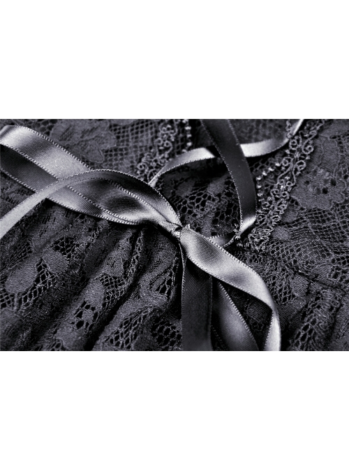 Lace V-Neck Chest Lace-Up Short Sleeves Black Gothic Dress