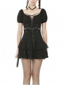Chest Lace-Up Leather Bandage Waisted Lace Frilly Short Sleeves Black Gothic Dress