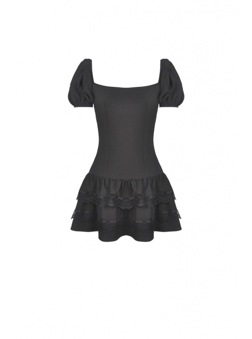 Chest Lace-Up Leather Bandage Waisted Lace Frilly Short Sleeves Black Gothic Dress