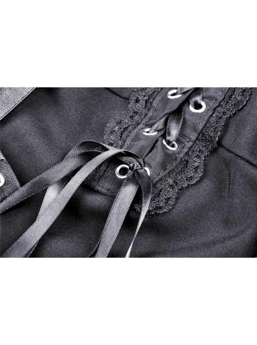 Chest Lace-Up Leather Bandage Waisted Lace Frilly Short Sleeves Black Gothic Dress