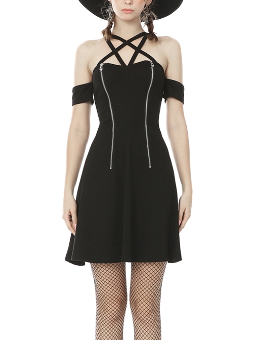 Off-Shoulder Sexy Star-Shaped Straps Zipper High Waisted Black Punk Dress
