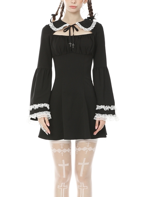 White Lace Frilly Doll Collar Lace-Up Long Sleeves Black Gothic Dress