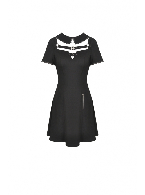 Doll Collar Chest Hollow Leather Bandage Zipper Black Punk Locomotive Dress