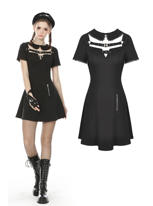 Doll Collar Chest Hollow Leather Bandage Zipper Black Punk Locomotive Dress