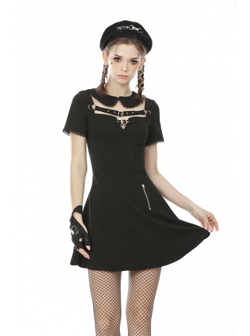 Doll Collar Chest Hollow Leather Bandage Zipper Black Punk Locomotive Dress