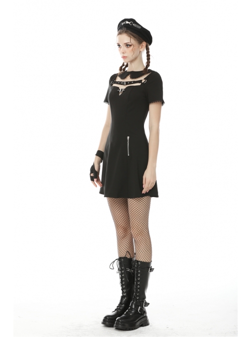 Doll Collar Chest Hollow Leather Bandage Zipper Black Punk Locomotive Dress