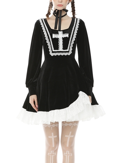 Black Chest Cross Frilly Long Sleeves White Lace Hem Gothic Dress