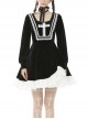 Black Chest Cross Frilly Long Sleeves White Lace Hem Gothic Dress