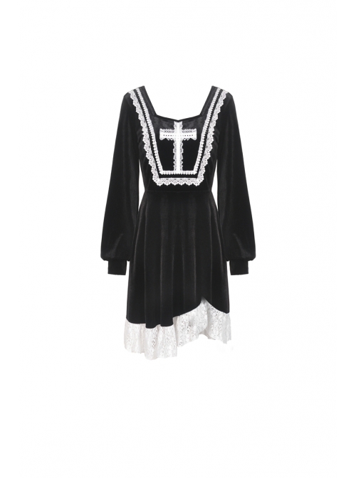 Black Chest Cross Frilly Long Sleeves White Lace Hem Gothic Dress