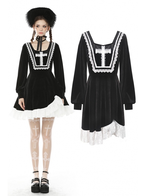 Black Chest Cross Frilly Long Sleeves White Lace Hem Gothic Dress