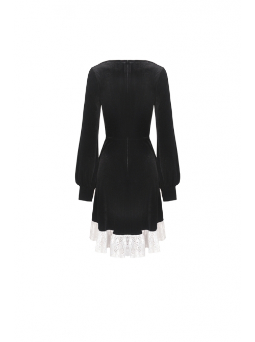 Black Chest Cross Frilly Long Sleeves White Lace Hem Gothic Dress