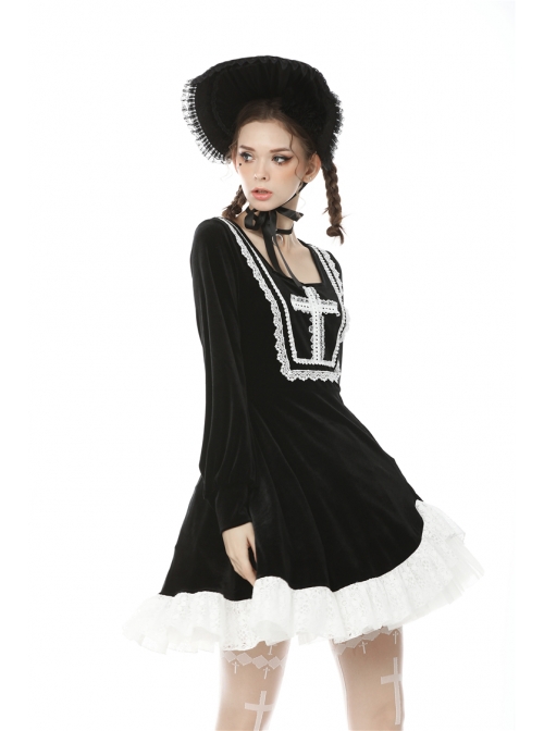 Black Chest Cross Frilly Long Sleeves White Lace Hem Gothic Dress