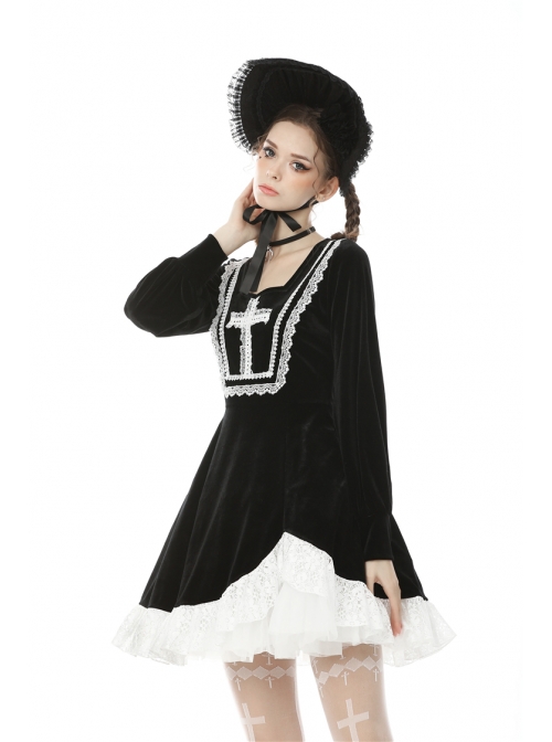 Black Chest Cross Frilly Long Sleeves White Lace Hem Gothic Dress