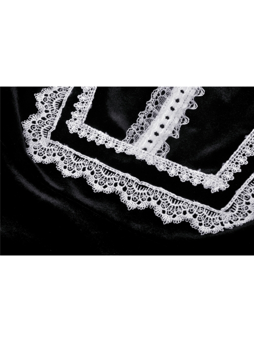 Black Chest Cross Frilly Long Sleeves White Lace Hem Gothic Dress