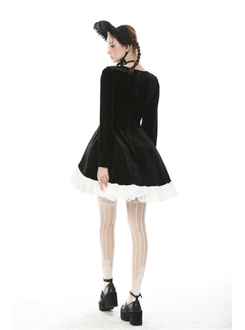 Black Chest Cross Frilly Long Sleeves White Lace Hem Gothic Dress