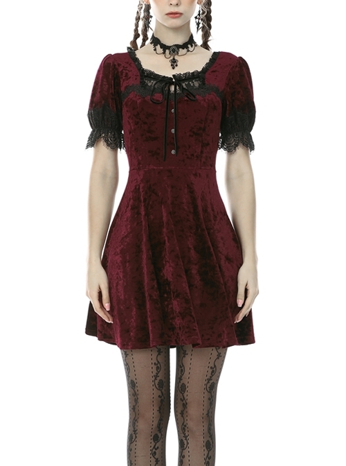 Wine Red Chest Lace-Up Short Sleeves Lace Cuff Button Classic Gothic Dress