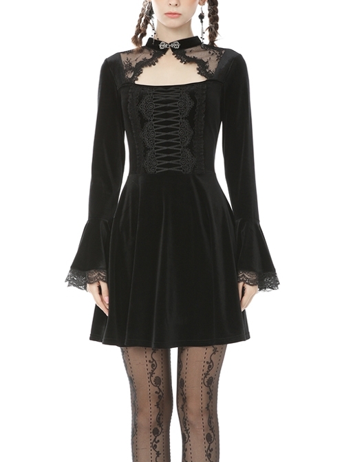 Black Chest Hollow Long Sleeves Lace Cuff Gothic Vampire Velvet Dress