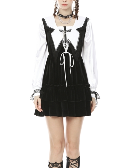 Black V-Neck Lace-Up Gothic Academy Velvet Vest Dress