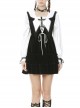 Black V-Neck Lace-Up Gothic Academy Velvet Vest Dress