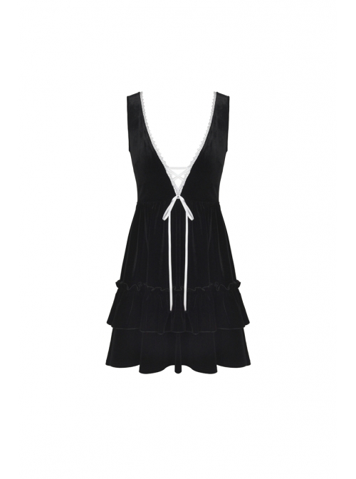 Black V-Neck Lace-Up Gothic Academy Velvet Vest Dress