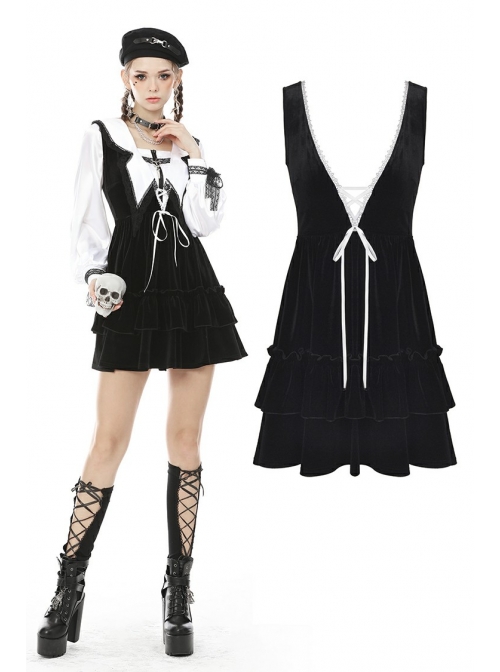 Black V-Neck Lace-Up Gothic Academy Velvet Vest Dress