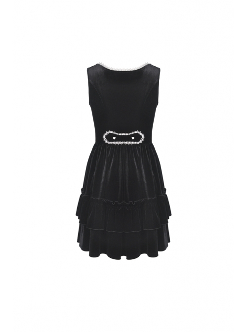 Black V-Neck Lace-Up Gothic Academy Velvet Vest Dress