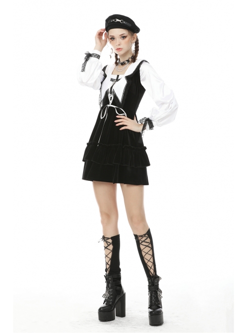 Black V-Neck Lace-Up Gothic Academy Velvet Vest Dress