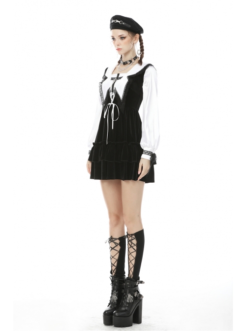 Black V-Neck Lace-Up Gothic Academy Velvet Vest Dress