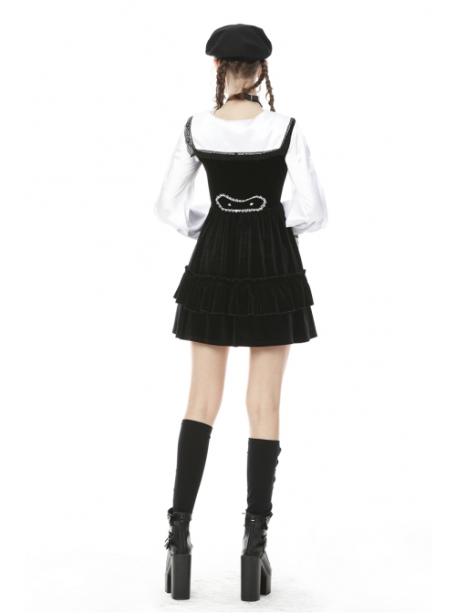 Black V-Neck Lace-Up Gothic Academy Velvet Vest Dress