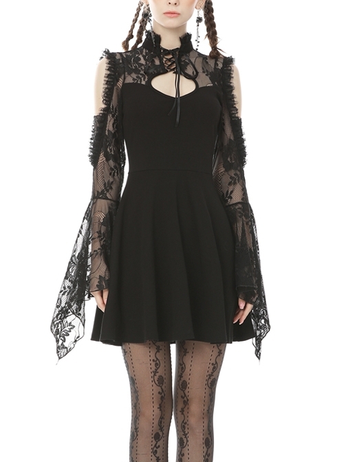 Lace Off-Shoulder Lace-Up Collar Long Sleeves Black Punk Rock Dress