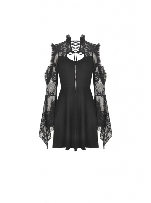 Lace Off-Shoulder Lace-Up Collar Long Sleeves Black Punk Rock Dress